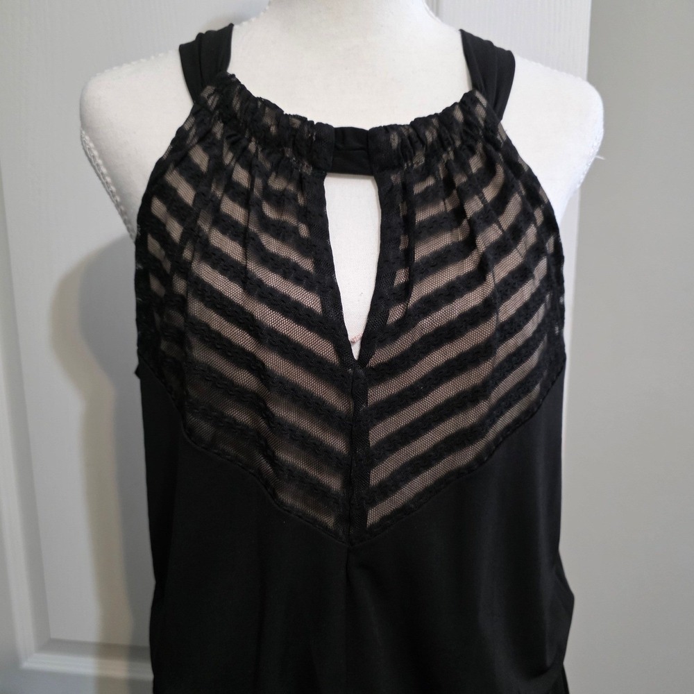 London‎ Times Maxi Dress Women 8 Black Mesh Stripe Keyhole Chevron Illusion